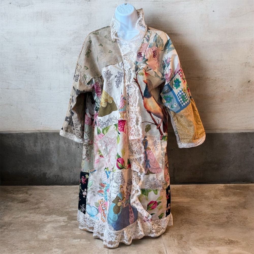 Upcycled Floral Patchwork Kimono Duster with Lace Trim fairy whimsy medium